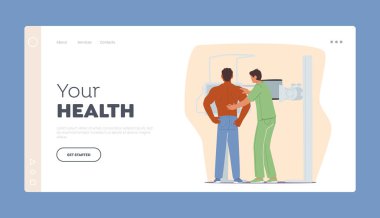 X-ray Medical Diagnostics Landing Page Template. Pulmonology Radiology Body Scanner for Patient Disease Checkup. Character Making Chest Scan for Lungs Diagnostics. Cartoon People Vector Illustration