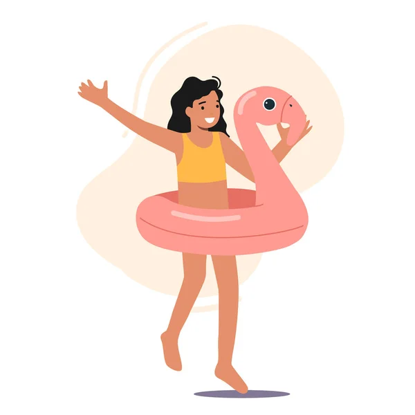 Happy Little Girl Swimsuit Flamingo Inflatable Ring Child Character Playing — Stok Vektör