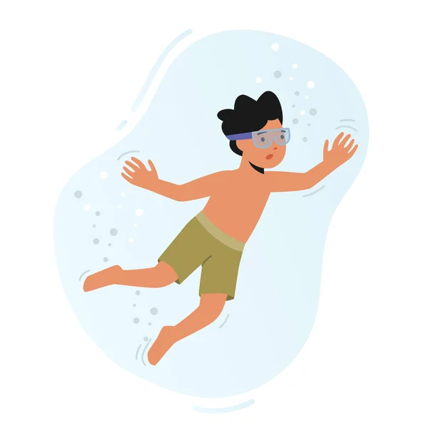 Little Boy Swimming Sea. Happy Child in Glasses Snorkeling in Ocean. Children Outdoor Summer Activities, Vacation Leisure, Relax, Kid Character Recreation and Fun. Cartoon People Vector Illustration