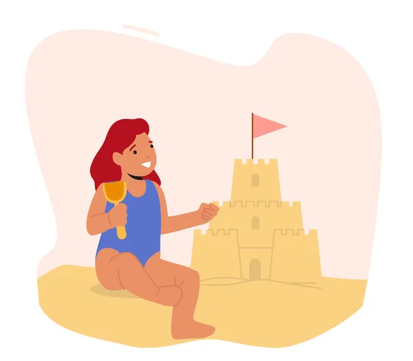 Happy Baby Girl Playing on Beach Building Sand Castle. Kid Outdoor Recreation, Summer Activities, Leisure on Sea Resort. Child Character Relax on Ocean Shore. Cartoon People Vector Illustration