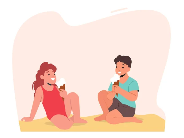 Happy Children Sitting Sand Eating Ice Cream Beach Kids Outdoor — Archivo Imágenes Vectoriales