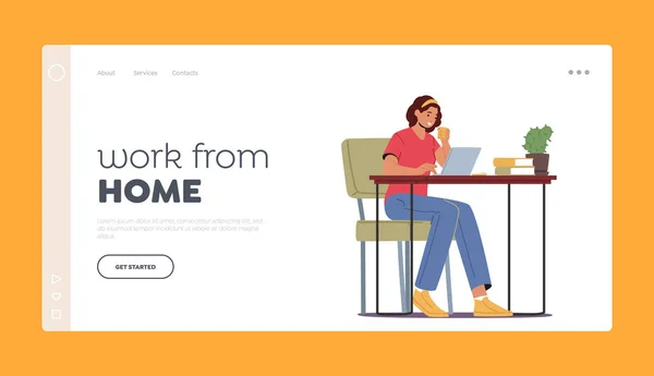 Work Home Landing Page Template Relaxed Woman Freelancer Sitting Desk — Stockový vektor