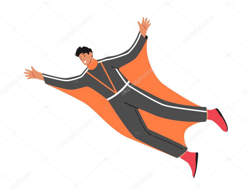 Wingsuit Flying Extreme Sport Activity, Paragliding Xtreme Adventure, Sky Diving, Base Jumping and Parachuting Recreation. Character Wear Wing Suit Fly in Sky. Cartoon People Vector Illustration