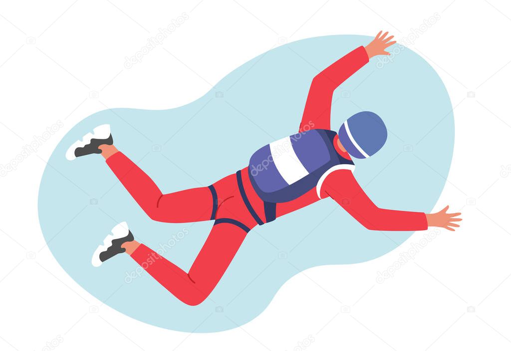 Paragliding, Base Jumping Extreme Activities. Skydiver Character Jumping with Parachute Soaring in Sky. Skydiving Parachuting Sport. Parachutist Flying Through Clouds. Cartoon Vector Illustration