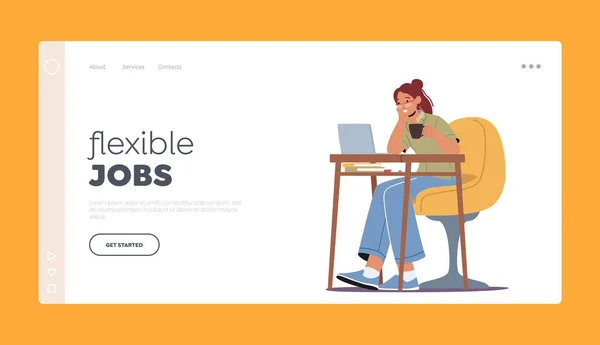 Flexible Jobs Landing Page Template Relaxed Woman Freelancer Character Working — Vector de stock