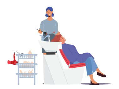 Hair Styling Concept. Young Women Sitting at Sink, Hairdresser Master Painting Client Hair. Female Character Visiting Beauty Salon for Making Hairstyle. Cartoon People Vector Illustration