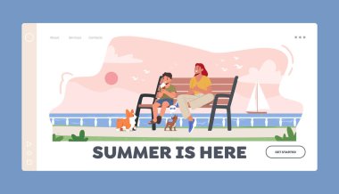 Summer Recreation Landing Page Template. Little Boy and Mother Eating Ice Cream Sitting on Bench at Embankment. Happy Family Characters Enjoying Outdoor Weekend. Cartoon People Vector Illustration