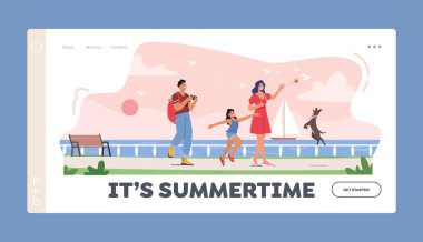 Summertime Landing Page Template. Happy Family Characters Walking along Embankment with Seaview and Floating Yacht. Father, Mother with Daughter Spend Time Together. Cartoon People Vector Illustration