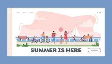 Vacation Outdoors Landing Page Template. Happy Family Characters Walking along Embankment with Seaview and Floating Yacht. Parents and Children Spend Time Together. Cartoon People Vector Illustration