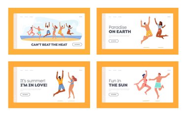 Outdoor Fun, Activity Landing Page Template Set. Happy Young People in Swim Wear Jumping with Hands Up, Characters on Summer Vacation, Beach Party Celebration, Rejoice. Cartoon Vector Illustration