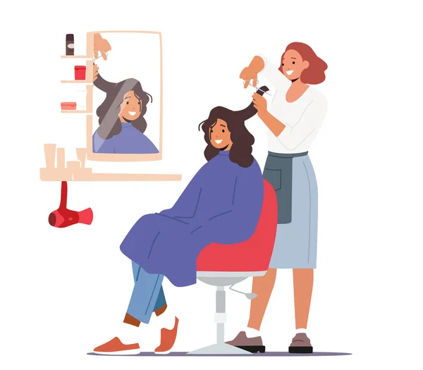 Young Woman Visiting Beauty Salon Hairdresser Master Doing Haircut Girl — Stok Vektör