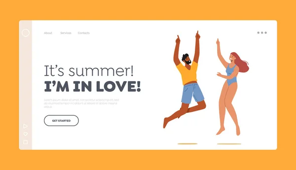 Characters Swimwear Rejoice Landing Page Template Jump Happy People Jump — Vetor de Stock