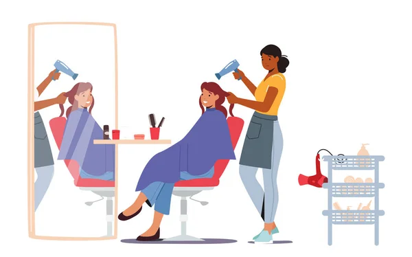 Young Woman Visiting Beauty Salon Hairdresser Master Doing Haircut Girl — Stockvector