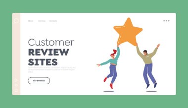 Customer Review Sites Landing Page Template. Recommendation, User Rating Star. Man and Woman Characters Hold Yellow Star to Rate Service or Goods. Client Feedback. Cartoon People Vector Illustration
