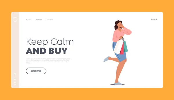 Seasonal Sale Discount Landing Page Template Cheerful Shopaholic Girl Purchases — Vetor de Stock