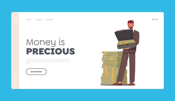 Χρήματα Είναι Πρότυπο Precious Landing Page Happy Male Character Παρουσιάζοντας — Διανυσματικό Αρχείο