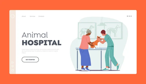 Animal Hospital Health Care Landing Page Template Old Woman Owner — Vettoriale Stock