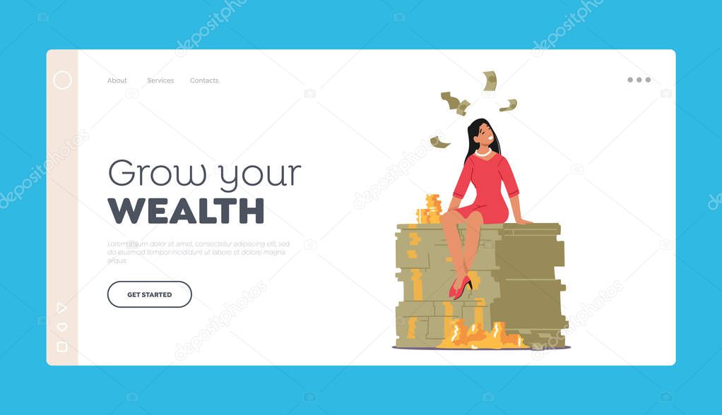 Grow your Wealth Landing Page Template. Rich Millionaire Businesswoman Character Sitting on Huge Money Pile with Gold Coins and Dollars. Money, Business and Prosperity. Cartoon Vector Illustration