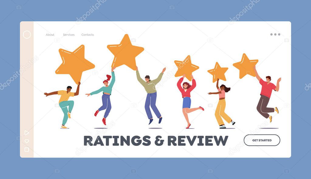 Rating and Review Landing Page Template. Tiny Clients Characters Holding Huge Stars. Consumer Feedback or Customer Evaluation, Satisfaction Level and Critic Concept. Cartoon People Vector Illustration