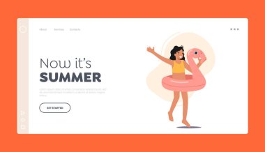 Summer Landing Page Template. Happy Little Girl in Swimsuit and Inflatable Ring. Child Character Playing on Beach. Outdoor Activities, Leisure on Sea and Ocean. Cartoon People Vector Illustration