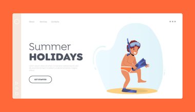 Summer Holidays Landing Page Template. Happy Baby in Flippers and Mask on Sea Beach. Kids Outdoor Activities on Ocean Shore. Baby Boy Character Relax on Vacation. Cartoon People Vector Illustration
