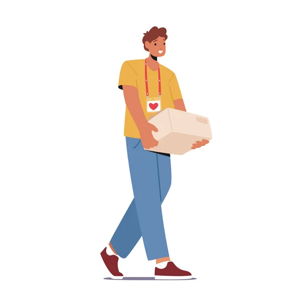Volunteer Heart Badge Carry Carton Box Donation Humanitarian Aid Man — Stok Vektör