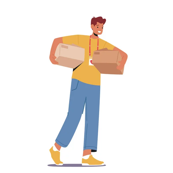 Volunteer Donation Humanitarian Aid Man Carry Boxes Donated Stuff Charity — Stockvektor