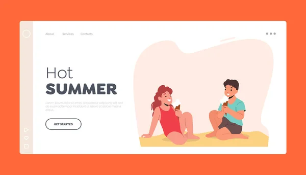Leisure on Sea Shore Landing Page Template. Happy Children Sitting on Sand Eating ice Cream on Beach, Kids Summer Activities, Characters Vacation Relax, Recreation. Cartoon People Vector Illustration