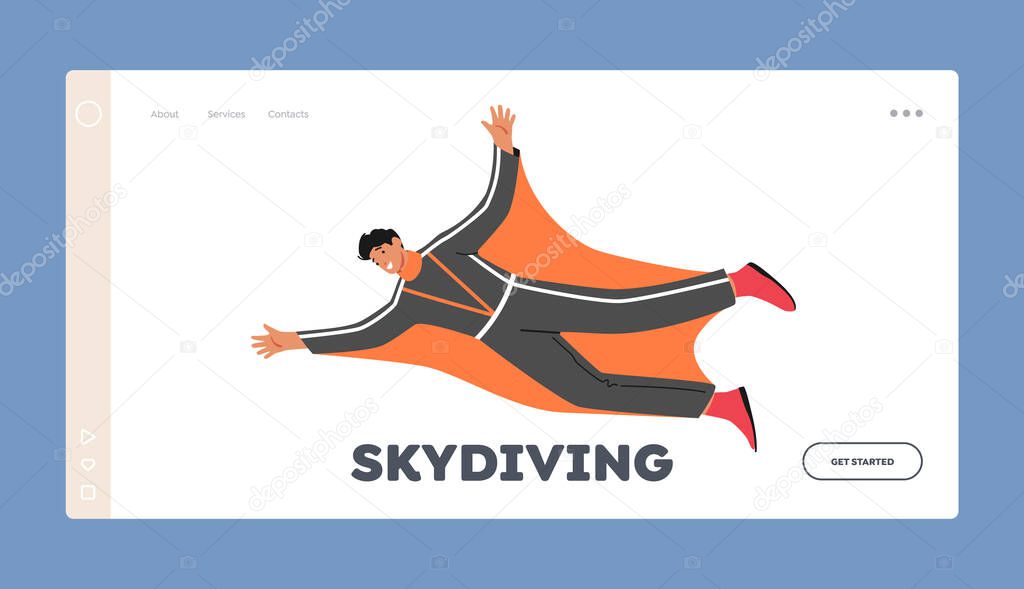 Skydiving Landing Page Template. Character in Wingsuit Flying Extreme Activity, Paragliding Xtreme Adventure, Sky Diving, Base Jumping and Parachuting Recreation. Cartoon People Vector Illustration