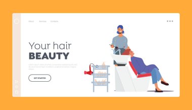 Hair Styling and Beauty Landing Page Template. Young Woman Sitting at Sink, Hairdresser Master Painting Client Hair. Female Character Visiting Salon for Hairstyle. Cartoon People Vector Illustration