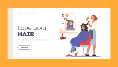 Love your Hair Landing Page Template. Young Woman Visiting Beauty Salon. Hairdresser Master doing Haircut for Girl Cutting Hair with Scissors front of the Mirror, Hair Treatment. Vector Illustration