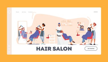 Hair Salon Landing Page Template. Female Characters Visiting Beauty Salon for Hairstyle. Young Women Sitting front of the Mirror, Master Painting and Drying Hair. Cartoon People Vector Illustration