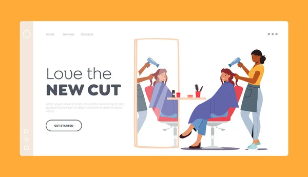 Young Woman Visiting Beauty Salon Landing Page Template. Hairdresser Master doing Haircut for Girl Drying Hair with Fan in front of the Mirror. Grooming, Fashion Club. Cartoon Vector Illustration