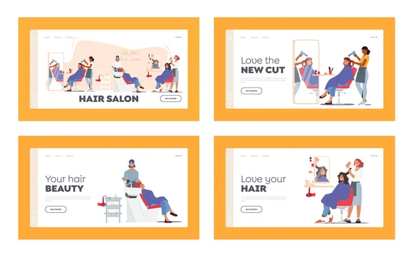 Female Hair Salon Landing Page Template Set Characters Visit Beauty — Wektor stockowy