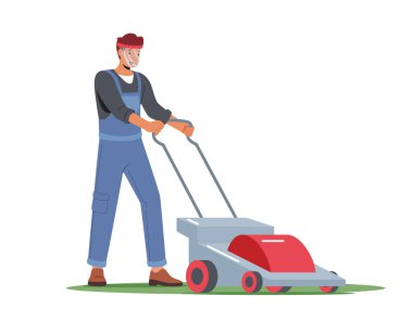 Man Character Mow Lawn in Garden or Public City Park. Gardener or Worker Pushing Lawn Mower Machine for Landscaping and Caring of Home Backyard Cutting and Trimming Grass. Cartoon Vector Illustration