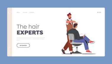 Hair Experts Landing Page Template. Visitor in Barber Shop. Hairdresser Barber Doing Hairstyle to Young Male Client. Men Beauty Salon, Barbershop Service Concept. Cartoon People Vector Illustration