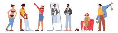 Set of Male and Female Characters Dressing Up, Men and Women Put on Clothes at Morning Prepare to go at Work. Isolated White Background. Daily Routine Concept. Cartoon People Vector Illustration