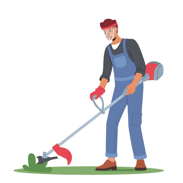 Man Mow Lawn Garden Public City Park Gardener Cottager Worker — Stockový vektor