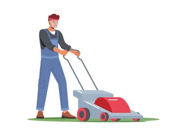 Man Character Mow Lawn Garden Public City Park Gardener Worker — Vettoriale Stock