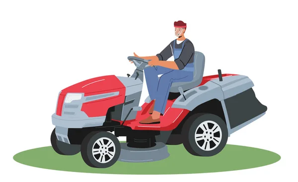 Male Character Driving Lawn Mower Machine Mow Lawn Home Backyard — Stockvektor
