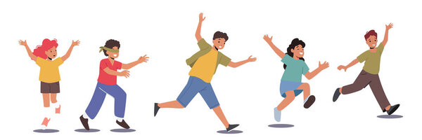 "Preteen Boys and Girls Fun on Playground". Счастливые дети, играющие в прятки, радуются детским персонажам, активному игровому отдыху, уединенному на белом фоне. Вектор мультипликации