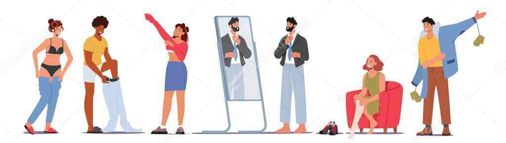Set of Male and Female Characters Dressing Up, Men and Women Put on Clothes at Morning Prepare to go at Work. Isolated White Background. Daily Routine Concept. Cartoon People Vector Illustration