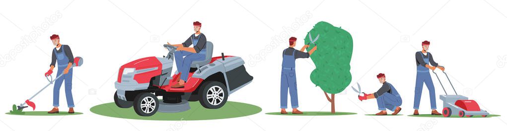 Set Worker Mow Lawn and Cutting Plants in Garden. Man Gardener Character Use Trimmer for Landscaping and Caring of Home Backyard, Cutting and Trimming Trees and Grass. Cartoon Vector Illustration