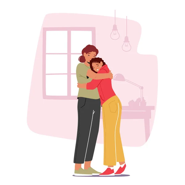 Mother Crying Daughter Hugging Living Room Speak Share Problems Parent — Stockvector