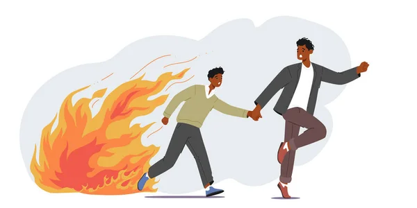 People Run Escaping Ragging Fire African Man Boy Dangerous Situation — Stock Vector