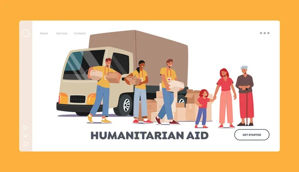 Humanitarian Aid Landing Page Template Team Volunteers Van Giving Help — Stock vektor