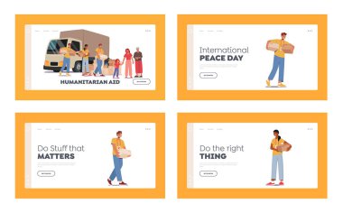 Humanitarian Aid Landing Page Template Set. Team of Volunteers in Van Giving Help Boxes to Refugees, Old Woman with Little Girl Need Material Assistance and Help. Cartoon People Vector Illustration