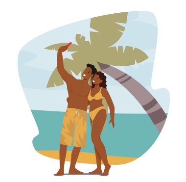 Couple Man and Woman Making Selfie on Summer Beach. Tanned Happy Male and Female Characters Photographing at Seaside with Palm Tree. People on Vacation at Tropical Resort. Cartoon Vector Illustration