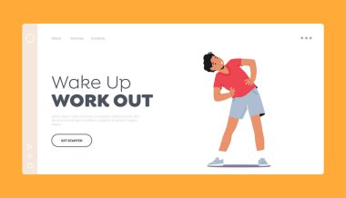 Boy Doing Morning Exercises Landing Page Template. Wellness, Sport and Health Concept. Teenager Workout, Strong Kid Training at Gym or Home, Healthy Sports Habits. Cartoon Vector Illustration