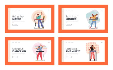 Happy Dj Characters Landing Page Template Set. Men and Women with Headphones Playing and Mixing Music at Night Club Disco Party. Fun, Entertainment and Fest Concept. Cartoon Flat Vector Illustration